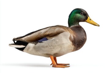 Mallard duck on white background standing profile