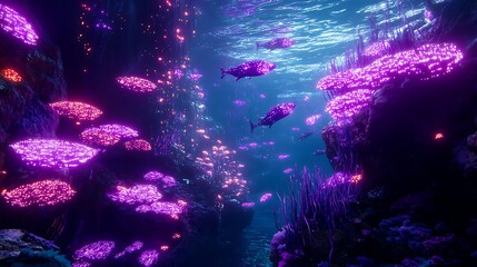 Fototapeta premium Underwater luminescence: a surreal coral reef with glowing marine life