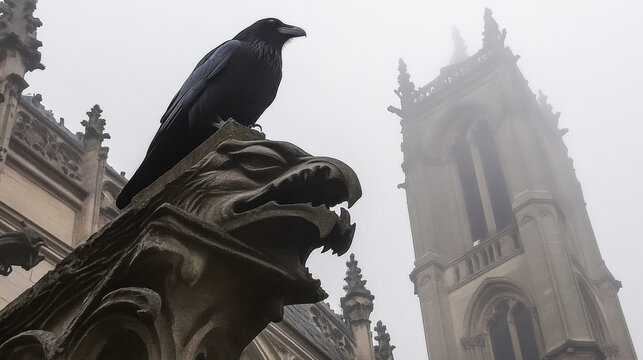 A black raven perches on a stone gargoyle in a foggy Gothic setting. A tall church tower looms in the background, enhancing the mystical atmosphere.