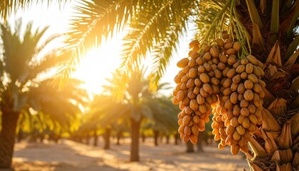 Golden Dates Cluster On Palm Tree At Sunset