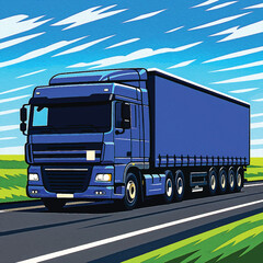 Adobe Illustrator Artwork Blue Freightliner on the Open Road – Stylized Truck Illustration