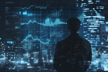 Businessman engaging with technology, surrounded by a digital binary code background illustrating global data network and financial development
