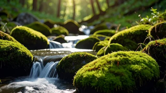 Babbling brook cascades between moss covered rocks in a vibrant, sun dappled forest environment. Serene nature scenery with flowing water and lush greenery.