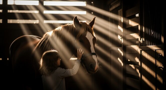 Child's Tender Touch on a Horse in a Stable, Sunlight Beams