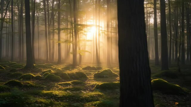 Sunrise forest sunlight beam