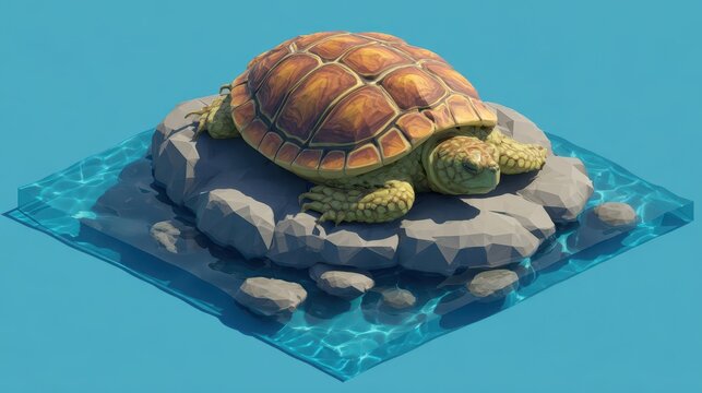 Low-poly turtle resting on rocks in water.