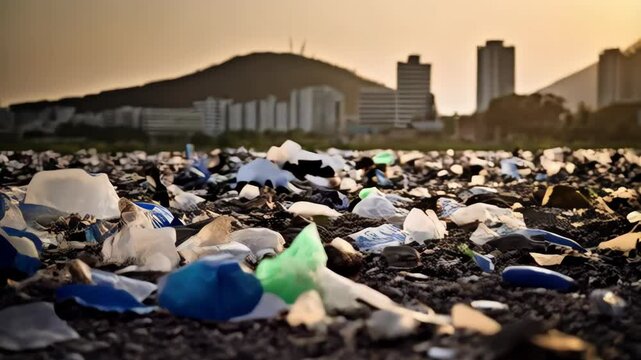 Environmental Pollution:  Accumulation of plastic litter polluting the landscape with city buildings and mountain backdrop at dusk.