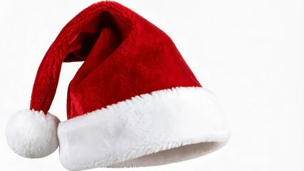 Festive red plush Santa hat with white faux fur trim and pompom on clean white background studio shot for the holiday season - Powered by Adobe