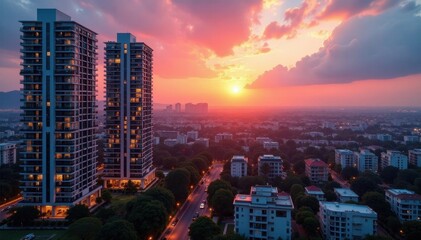 Luxury high-rise apartments, sunset cityscape background , architecture, sunset, downtown