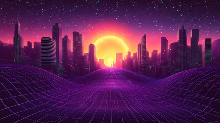 Cityscape in Radiant Sunset: A Futuristic Metropolis Beckons with Grid Lines