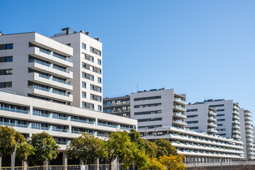 Modern high-rise apartment complex seen in Badalona, Spain