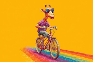 A funky giraffe in retro racing goggles riding a vintage bicycle on a rainbow road, wobbly wheels, hilarious expression, vibrant cartoonish background.