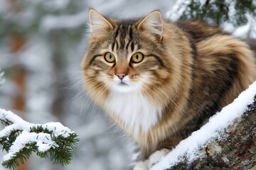 Long haired tabby cat sitting on snowy branch in winter forest