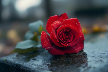 A poignant red rose with dew drops on a marble gravestone, a dramatic scene of memory.