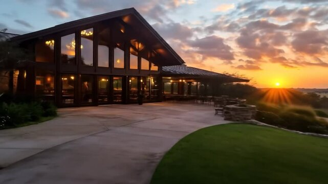 Sunrise over a modern clubhouse overlooking a golf course.  Tranquil setting with a large wooden structure, glass walls, and paved walkways. Lush green grass and trees complete the scene