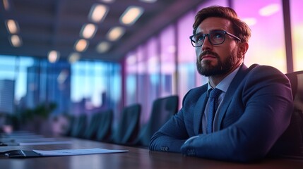 Fototapeta premium A CEO looking at an empty conference table, realizing he scheduled the meeting incorrectly