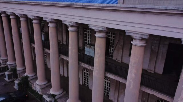 High angle pan of beautiful columns at an old monumental building, Ibadan, Nigeria