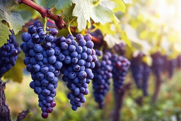 Fototapeta premium Close-up of ripe purple grape clusters hanging on vine with green leaves in a sunlit vineyard