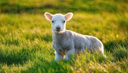 Cute Little Lamb Frolicking in Vibrant Green Meadow under Sunlit Skies, Capturing the Blissful Serenity of Natures Eden.