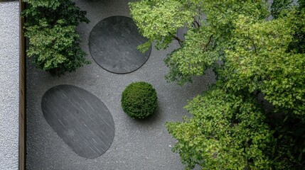 Aerial view of a garden with three circular planters arranged in a circular pattern. the planters are made of black concrete and are placed on a gray gravel surface.