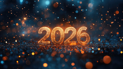 Glittering 2026 in vibrant blue and orange new year celebration. Happy New Year 2026
