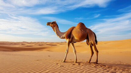 A lone camel walks gracefully across the vast desert landscape