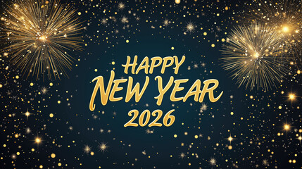 Happy new year 2026 with golden fireworks and starry night sky. Happy New Year 2026