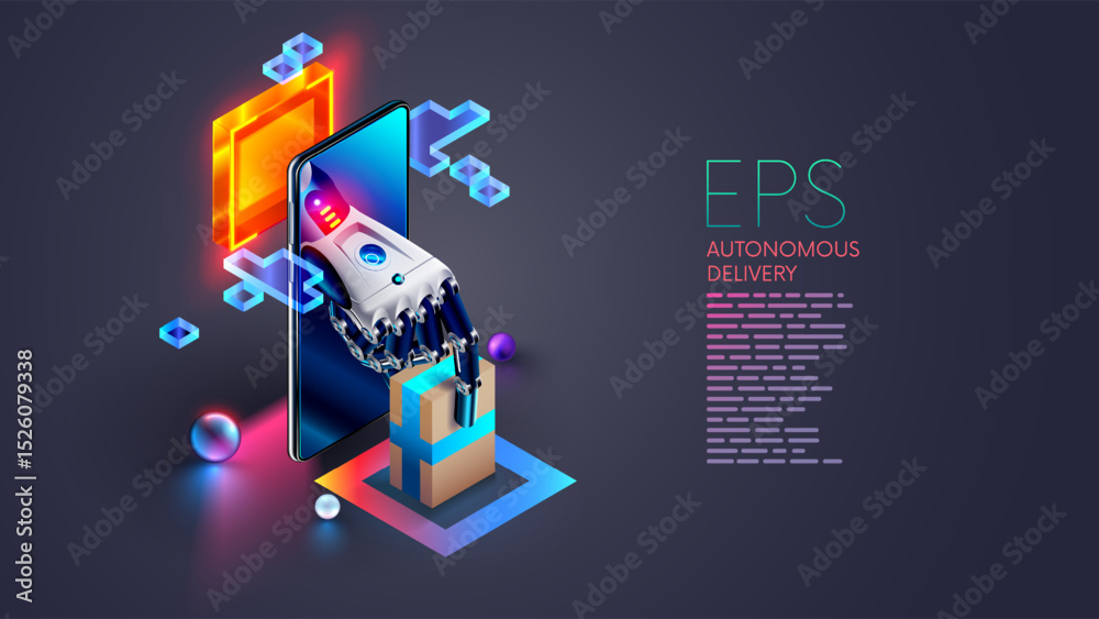 Poster the ai manages the logistics, delivery of the online store. the robot or cyborg hand gives the order