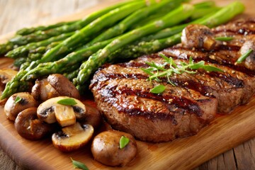 Grilled beef steak with sauteed mushrooms and asparagus on cutting board