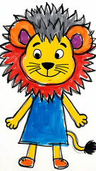 A Cartoonish Lion Wearing a Dress in a Drawing