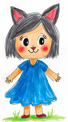 A Cartoon Girl with Cat Ears in a Blue Dress