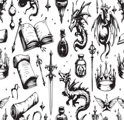 Obraz premium Seamless Pattern of Magic and Fantasy Elements