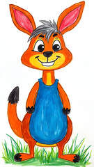 Cute Kangaroo Character Standing Upright on Green Grass