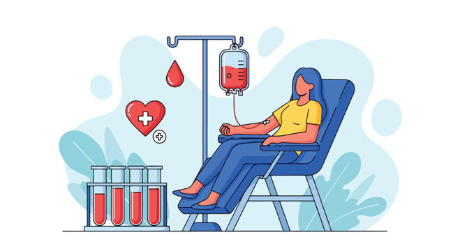 Flat vector for World Blood Donor Day: woman cheerfully donating blood. Heart with plus, blood drop, tubes symbolize giving life