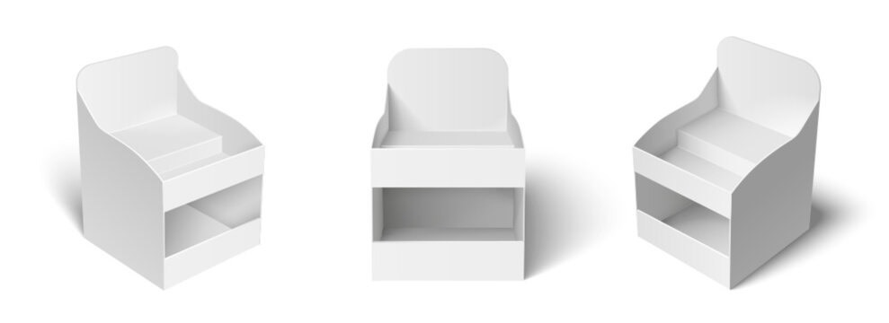 White cardboard display stands, risers in various angles. Blank pos poi mockups. Empty product shelf, platform or stage for retail showcasing and advertising. 3d paper countertop presentation booth.