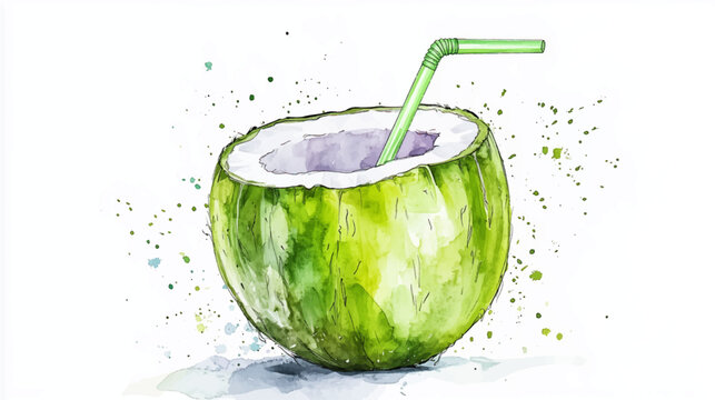 Vector illustration, watercolor clipart, coconut drink with straw