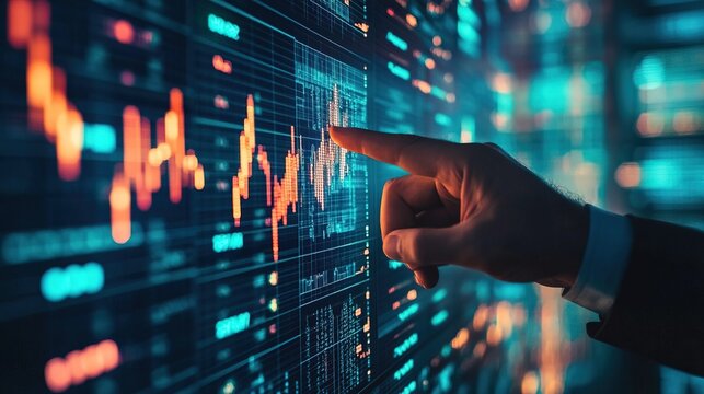 A businessman pointing at a rising cryptocurrency graph in a digital workspace 