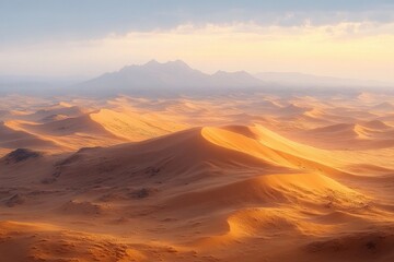 Naklejka premium Expansive golden sand dunes under soft sunlight with distant mountain range and hazy sky creating a serene desert landscape