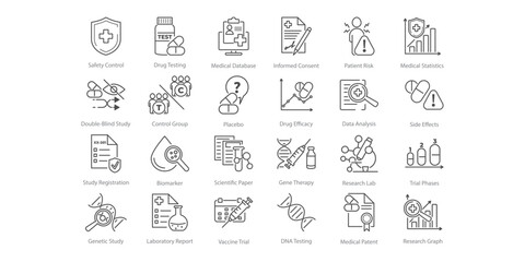 Vector line icons set representing a medical trial. Shows elements of study, research, test, and clinic context. Suitable for use in clinical or educational settings.