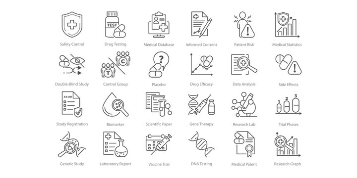 Vector line icons set representing a medical trial. Shows elements of study, research, test, and clinic context. Suitable for use in clinical or educational settings.