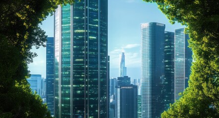 Obraz premium Modern cityscape with tall glass skyscrapers framed by green tree foliage under a bright blue sky, showing contrast between nature and urban architecture