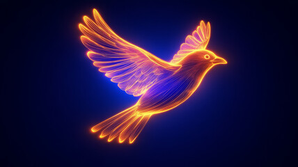 Neon glowing bird in flight on a dark blue background.