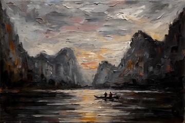 "Sunset Row on a Serene River – Impressionist Landscape Painting"