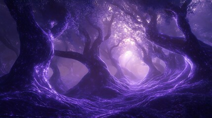 Ethereal violet woodland with mystical radiance and winding arboreal forms