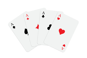 Classic playing cards set. Four aces with traditional red and black suits: spade, club, diamond, and heart. Minimalist flat design on white background. Vector illustration of poker deck.