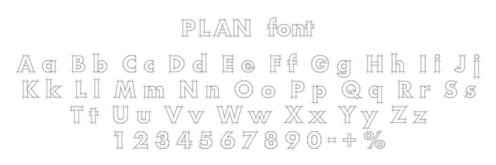 Blueprint font. Architectural typeface. Technical drawing alphabet with geometric construction guides, capital and lowercase letters, numbers, and symbols. Graphic vector illustration.