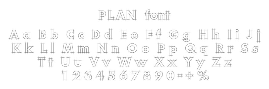 Blueprint font. Architectural typeface. Technical drawing alphabet with geometric construction guides, capital and lowercase letters, numbers, and symbols. Graphic vector illustration.