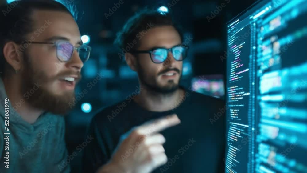 Poster two software developers collaborating on coding in a dimly lit tech office at night