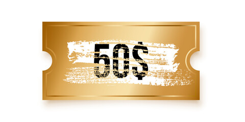 Golden scratch-off ticket with grunge brush stroke opening the prize of $50. Golden winner scratching card. Winning lottery coupon isolated on transparent background. Realistic vector illustration.