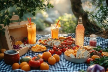 Outdoor picnic setup with fresh tomatoes, sliced bread, orange slices, fresh fruits, two glasses of orange juice with straws, and a bottle of drink on a checkered cloth